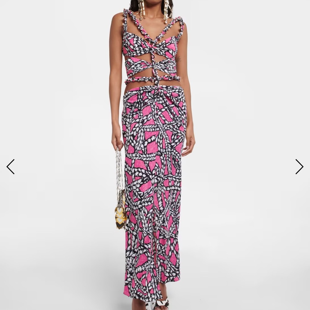 NWT AREA NYC Silk Maxi Dress Pink Rope Cutout Rhinestone Beaded Statement gown